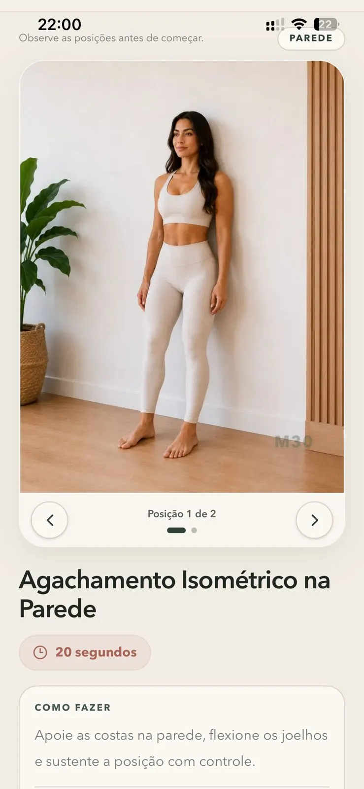 Tela de um exercício com instruções no aplicativo Movimento 30
