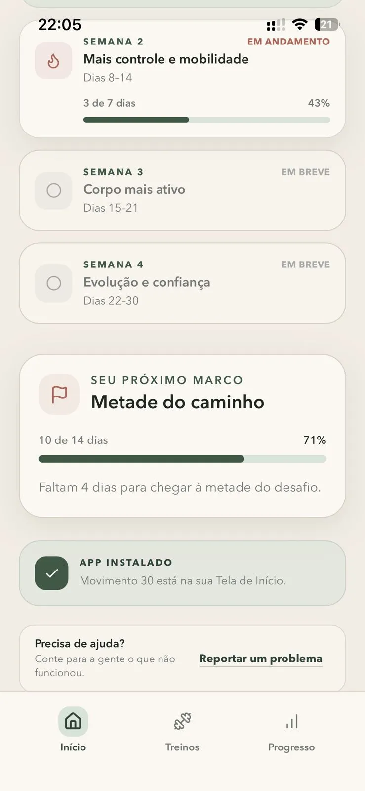 Progresso semanal do Movimento 30, sempre por perto no seu celular