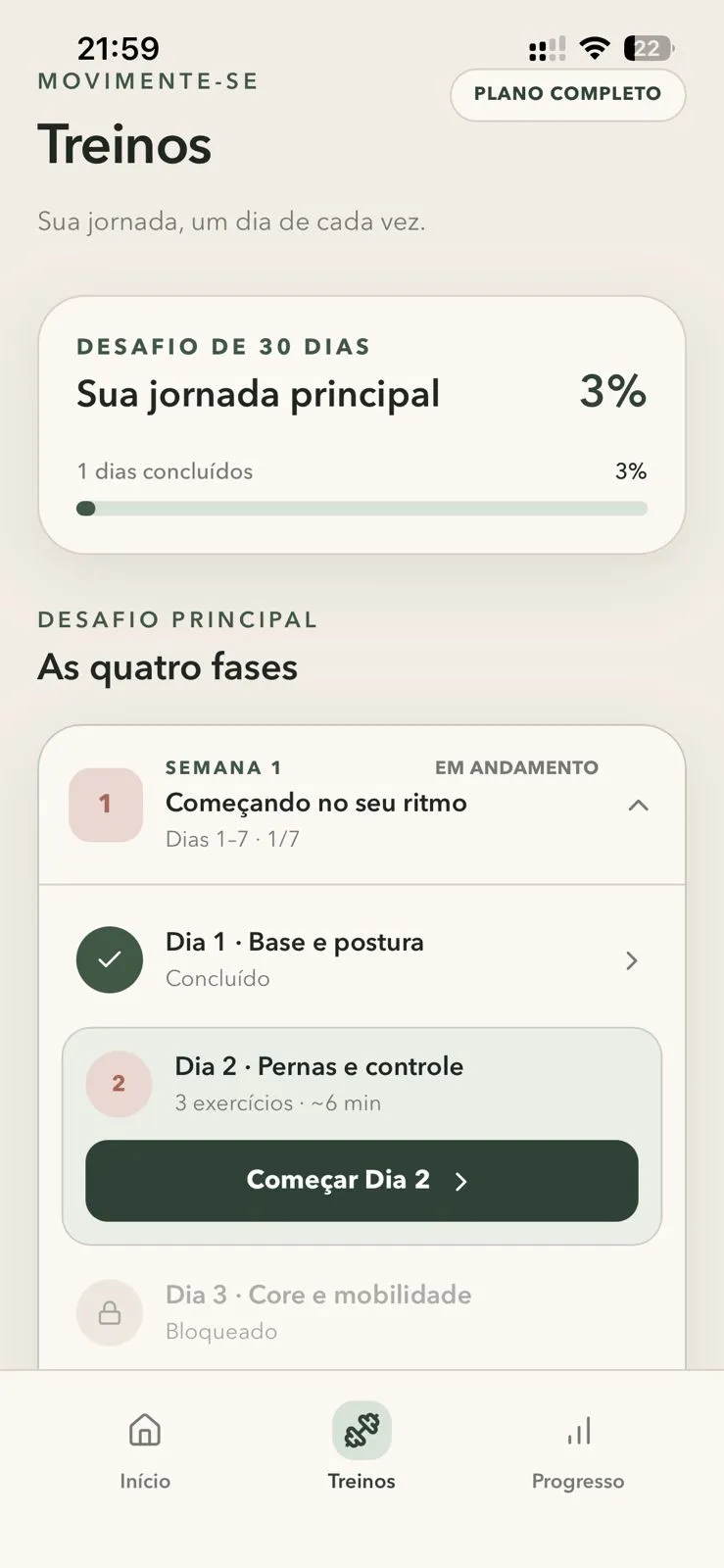 Tela do dia da jornada no aplicativo Movimento 30